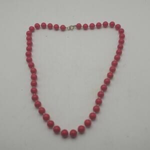 Red Coral Color Beaded Necklace 18 Inch Round Plastic Knotted Spring Ring Clasp